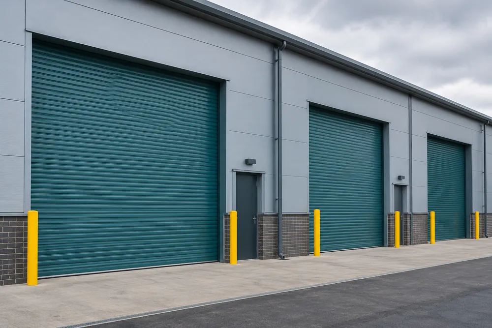 Teal roller shutters and yellow protective bollards outside commercial units