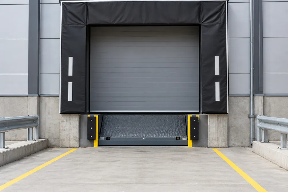Loading bay door, dock shelter and steel dock leveller deck